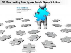 3D Man Holding Blue Jigsaw Puzzle Pieces Solution Ppt Graphics Icons