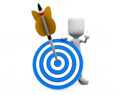 3d man holding blue target dart with arrow hitting the target stock photo
