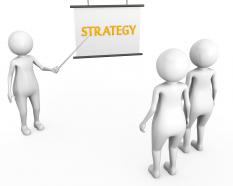 3d man pointing and teaching strategy to team stock photo
