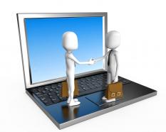 3d man shaking hands over laptop online business stock photo