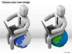 3d man sitting on globe with the laptop ppt graphics icons powerpoint