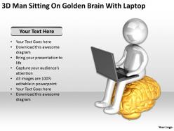 3d man sitting on golden brain with laptop ppt graphics icons