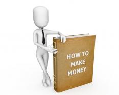 3d man standing beside book with title how to make money stock photo