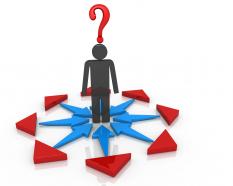 3d man standing between red blue arrows with question mark stock photo