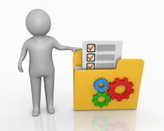 3d man standing with yellow folder gears and checklist stock photo