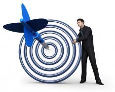 3d man with 3d target and dart showing business goals stock photo