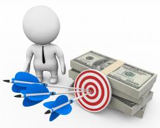 3d man with dollars and target dart with arrows stock photo