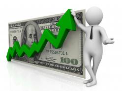 3d man with green growth arrow and dollar stock photo