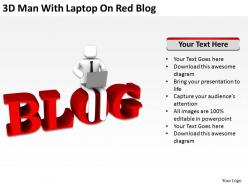 3d man with laptop on red blog ppt graphics icons