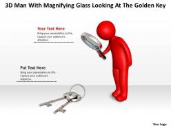3d man with magnifying glass looking at the golden key ppt graphics icons