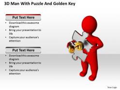 3d man with puzzle and golden key security business ppt graphics icons