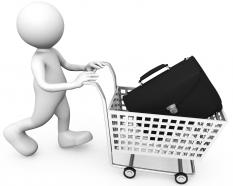3d man with suitcase in cart stock photo