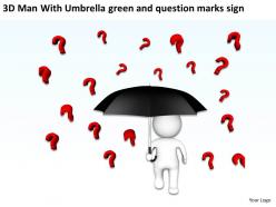 3d man with umbrella green and question marks sign ppt graphics icons