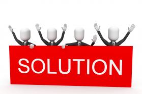 3d men as team with word solution hoarding stock photo