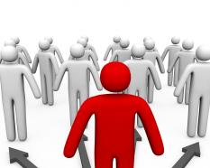3d men following red man as leader stock photo