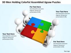 3D Men Holding Colorful Assembled Jigsaw Puzzles Teamwork Ppt Graphics Icons