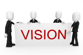 3d men in team with word vision stock photo