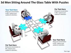 3d men sitting around the glass table with puzzles ppt graphics icons