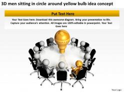 3d men sitting in circle around yellow bulb idea concept ppt graphic icon