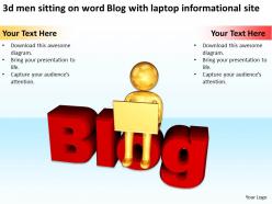 3d men sitting on word blog with laptop informational site ppt graphic icon