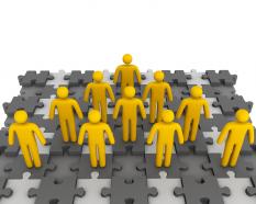 3d men standing over the puzzle base for teamwork stock photo