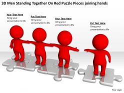 3d men standing together on red puzzle pieces joining hands ppt graphics icons