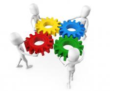 3d men team with multicolored gears work concept stock photo