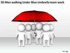 3d men walking under blue umbrella team work ppt graphic icon