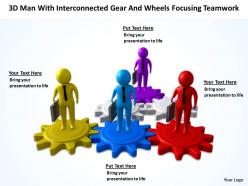 3D Men with interconnected Gear and Wheels focussing Teamwork Ppt Graphic Icon