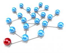 3d network graphic with blue balls and one red ball stock photo