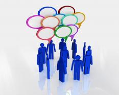 3d people standing in group with speech bubbles stock photo