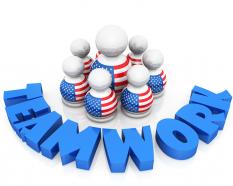 3d people with flag design tshirts and teamwork stock photo