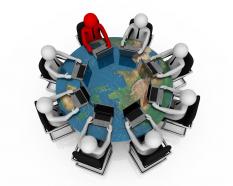 3d people with globe and sitting on chairs shows global meeting stock photo