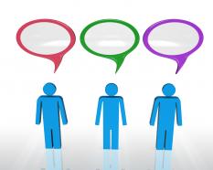 3d people with speech bubbles to express views stock photo