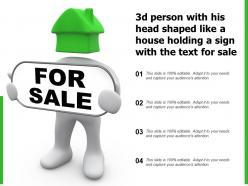 3d person with his head shaped like a house holding a sign with the text for sale