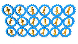 3d persons running inside the gears stock photo