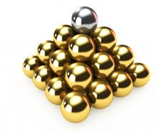 3d pyramid of balls with silver ball on top stock photo