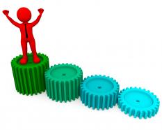 3d red man standing on gears for success stock photo