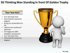 3d thinking man standing in front of golden trophy ppt graphic icon