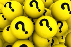 3d yellow spheres with question marks stock photo