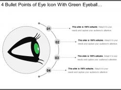 4 bullet points of eye icon with green eyeball and black eyelashes