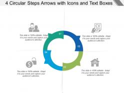 4 circular steps arrows with icons and text boxes