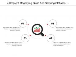 4 steps of magnifying glass and showing statistics performance icon