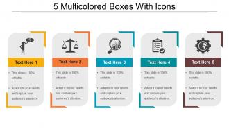5 multicolored boxes with icons