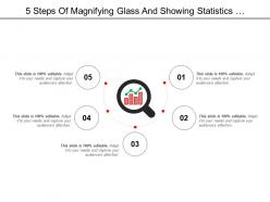 5 steps of magnifying glass and showing statistics performance icon
