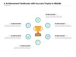 6 achievement textboxes with success trophy in middle