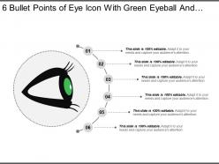 6 bullet points of eye icon with green eyeball and black eyelashes