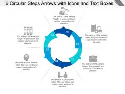 6 circular steps arrows with icons and text boxes