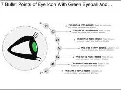 7 bullet points of eye icon with green eyeball and black eyelashes