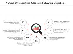 7 steps of magnifying glass and showing statistics performance icon